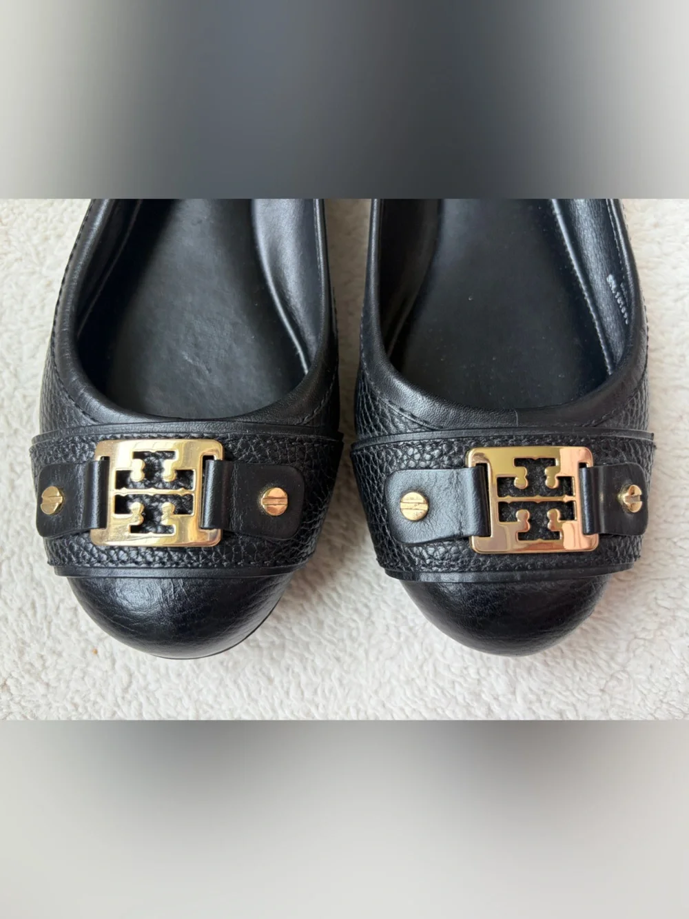 Tory Burch Black Leather Logo Flats with Gold Hardware Women Size 8